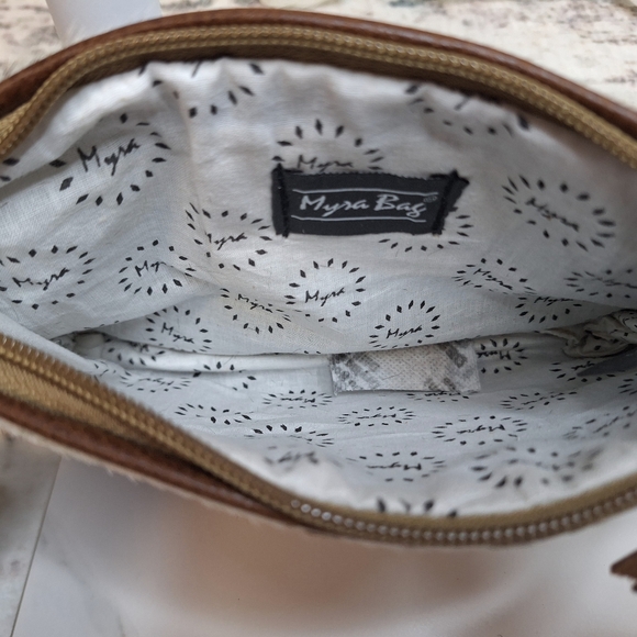 Myra Bag Genuine Leather Cowhide Hairon Wristlet Brown & White Boutique - Picture 6 of 11